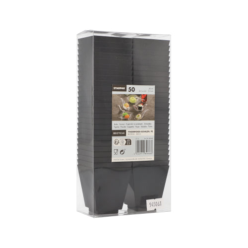 The PAPSTAR 50 finger food bowls, black PS from PAPSTAR GmbH are stacked in a transparent styrofoam packaging with a front label featuring product information and plant images - perfect for gardening or stylish use at parties and events.