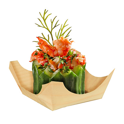Chopped shrimp and herbs in cucumber bowls, garnished with dill, are served in PAPSTAR 50 finger food bowls wood "pure" round from PAPSTAR GmbH and provide an elegant presentation on a white background.