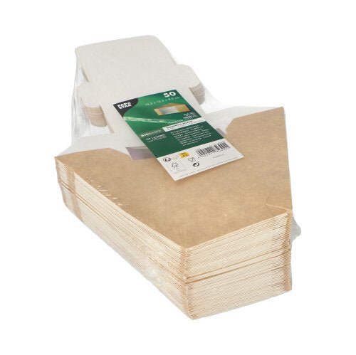 A pack of 50 PAPSTAR sandwich boxes with a viewing window, brown, made of PLA (12.3 cm) from PAPSTAR GmbH - environmentally friendly brown boxes in clear packaging with a green-white label; perfect for sustainable food storage.