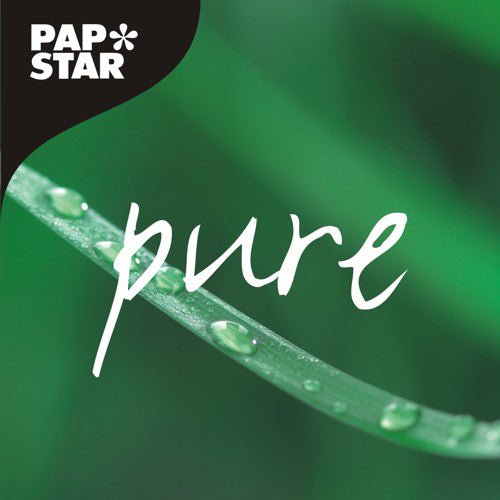 Close-up of a green blade of grass with water droplets and "pure" in white script. Top left: black area with PAPSTAR logo, highlighting the environmentally friendly design and PAPSTAR sandwich boxes with a viewing window, brown, made of PLA (50 pieces).