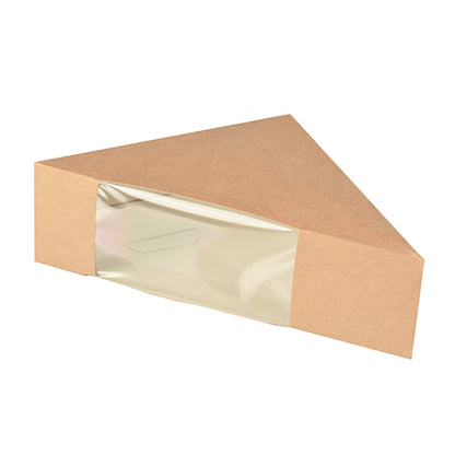 The PAPSTAR sandwich boxes with a viewing window (50 pieces, 12.3 cm), brown made of PLA film, by PAPSTAR GmbH allow a view of the contents through the clear window and are environmentally friendly packaged.