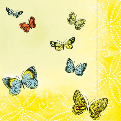 Seven colorful butterflies flutter in front of a yellow background with a white polka dot floral pattern - ideal for PAPSTAR 20 napkins, 33 cm x 33 cm, 3-ply, 1/4-fold design set 2 from PAPSTAR GmbH.