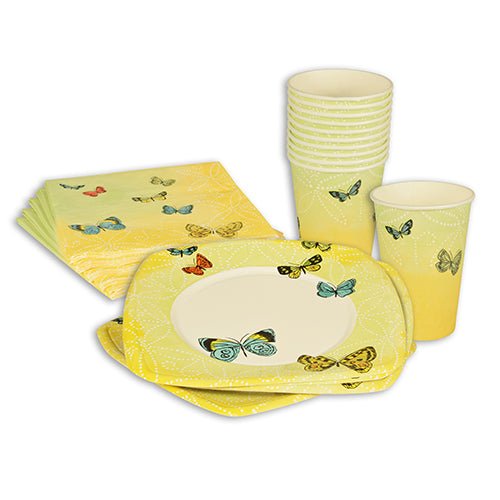 A set of yellow and white disposable plates, cups, and PAPSTAR GmbH 20 napkins (33 x 33 cm, 3-ply, set 2) with butterfly motifs, neatly arranged on a white background.