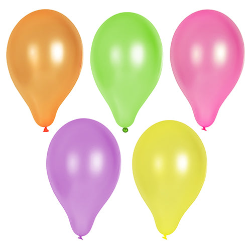 Five inflated PAPSTAR 10 balloons Ø 25 cm assorted colors from PAPSTAR GmbH in the colors orange, green, pink, purple, and yellow are arranged in two rows – three on top and two on the bottom – creating a contrast with the white background.