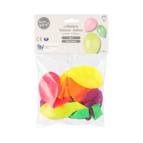 A transparent plastic bag with 10 colorful PAPSTAR balloons (Ø 25 cm) from PAPSTAR GmbH in the colors yellow, orange, pink, green, and purple. The top packaging label shows balloon images and multilingual text.
