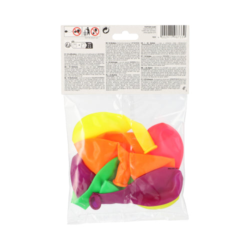 The transparent plastic bag from PAPSTAR GmbH contains ten assorted color balloons (Ø 25 cm) in yellow, orange, pink, purple, and green. On top is the white PAPSTAR label with text and symbols. High-quality material for long-lasting play fun.