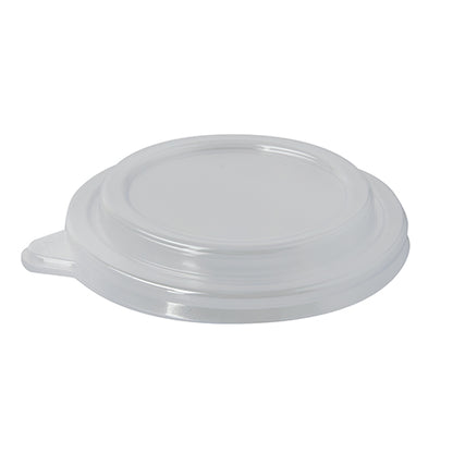 The Starpak 50 lid for salad bowls, PS "To Go" Ø 12.5 cm · 2.1 cm clear (50 pieces) is a transparent, round lid with a side tab, perfect for salad bowls or to-go containers. Photographed on a plain white background.