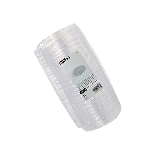 A pack of 50 Starpak disposable PS lids (Ø 12.5 cm, 2.1 cm, transparent) for salad bowls "To Go" wrapped in clear plastic, featuring a rectangular label with brand information and barcode – perfect for takeout dishes.