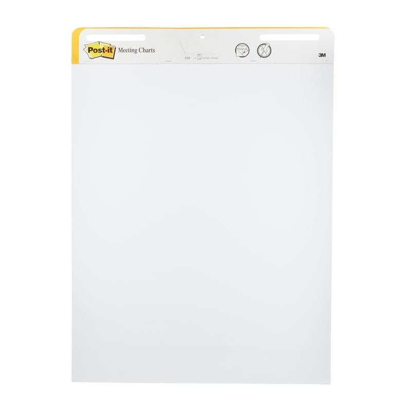 The Post-it® Super Sticky self-adhesive Meeting Chart/Flipchart 559 from 3M Deutschland GmbH has 30 white sheets per pad, is 63.5 x 76.2 cm in size, has a yellow-white head with a logo, and is vertically oriented for wall mounting. Pack of 2 pads.