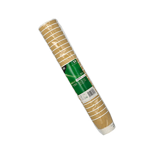 A rolled pack of 25 drinking cups from PAPSTAR GmbH, cardboard "To Go" Ripple Wall, each cup brown with a wave structure, stacked and packed in transparent plastic with a green-white product label.