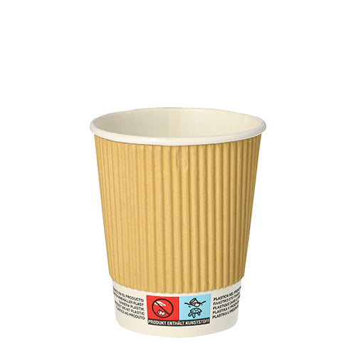 A single PAPSTAR 25 drinking cup "To Go" Ripple Wall disposable cup from PAPSTAR GmbH with ribbed light brown sleeve, white interior, and a bottom band with multilingual warning and recycling symbols.