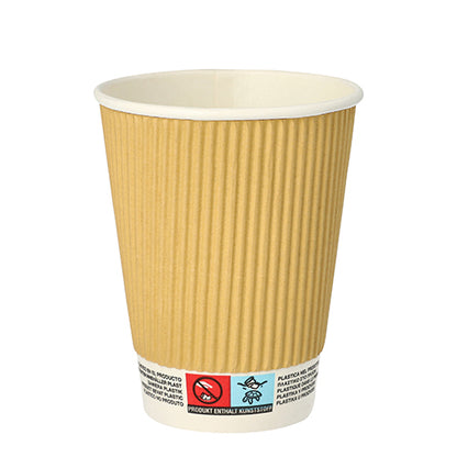 A single PAPSTAR 25 drinking cup "To Go" Ripple Wall disposable paper cup from PAPSTAR GmbH made of brown corrugated cardboard with a white rim and warning/material labels on the bottom stands upright on a plain white background.