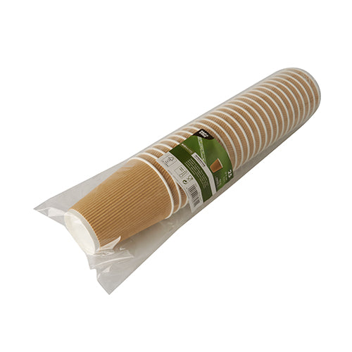 A sealed plastic package contains a stack of 25 PAPSTAR drinking cups, paper "To Go" Ripple Wall from PAPSTAR GmbH, with a brown wave structure outside, white interior, and a green-white label with product details.