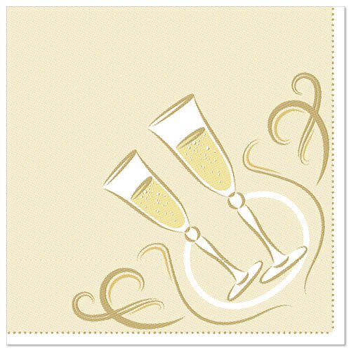 The PAPSTAR 50 napkins "ROYAL Collection" 1/4-fold 40 x 40 cm gold from PAPSTAR GmbH features a beige napkin with two touching champagne glasses, bubbles, and golden swirls in a circular design.