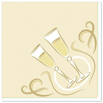 The PAPSTAR 50 napkins "ROYAL Collection" 1/4-fold 40 x 40 cm gold from PAPSTAR GmbH features a beige napkin with two touching champagne glasses, bubbles, and golden swirls in a circular design.