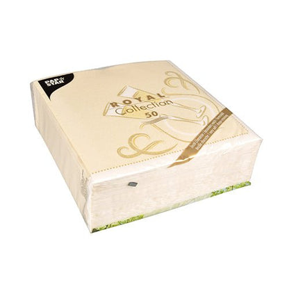 A sealed rectangular package of PAPSTAR 50 napkins "ROYAL Collection" 1/4-fold, 40x40cm gold, from PAPSTAR GmbH, with golden motifs and packed in clear foil.