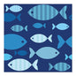 PAPSTAR 20 napkins, 33x33 cm, 3-ply from PAPSTAR GmbH in Design Set 6 feature various large blue fish with stripes and solid color on a dark blue background - creatively overlapping and loosely arranged.