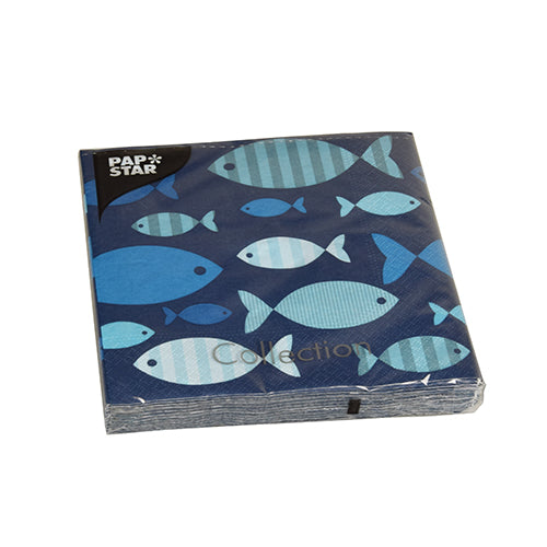 A pack of PAPSTAR 20 napkins (33x33 cm, 3-ply, 1/4 fold, Design Set 6) from PAPSTAR GmbH is packaged in plastic and features a playful blue fish pattern. The lettering "PAPSTAR" appears in the upper left corner.