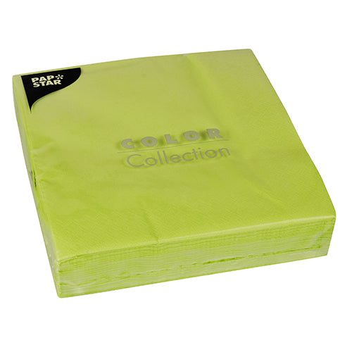 A stack of PAPSTAR 50 napkins, 2-ply 1/4-fold (40 cm x 40 cm), light green from PAPSTAR GmbH, with the inscription “COLOR Collection” and the brand logo in the upper left corner of the packaging.
