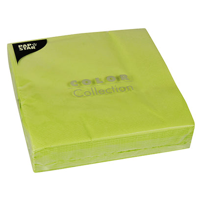 A stack of PAPSTAR 50 napkins, 2-ply 1/4-fold (40 cm x 40 cm), light green from PAPSTAR GmbH, with the inscription “COLOR Collection” and the brand logo in the upper left corner of the packaging.