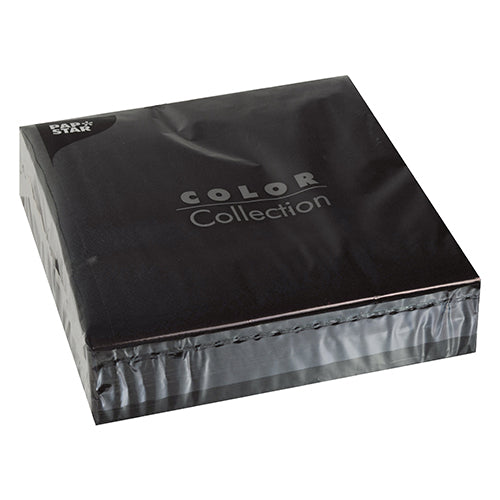 A sealed pack of 50 napkins from PAPSTAR GmbH, 2-ply 1/4-fold, black paper napkins (40 x 40 cm) from the “Color Collection”, with silver text slightly slanted on a white background.