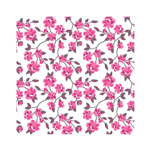 Die PAPSTAR 20 Servietten (25x25 cm, 3-lagig, 1/4-Falz) der PAPSTAR GmbH zeigen ein sich wiederholendes rosa Blumenmuster mit graugrünen Blättern auf weißem Grund – ideal für eine stilvolle Tischdekoration oder den eleganten Servietteneinsatz.