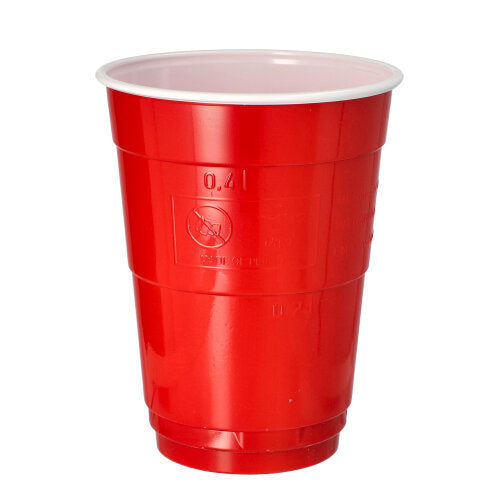 A Starpak 10 beer cup (0.4 l, 9.5 cm Ø, 12 cm) in red with a white interior stands upright on a white surface. The cup has a conical shape and horizontal grooves at the bottom; ideal for parties and events.