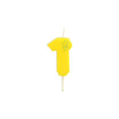 The number candle Mini 6.8 cm by PAPSTAR GmbH is a yellow candle with the number one and a green star on top, white wick, and stick at the bottom – ideal for your birthday decoration.