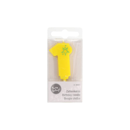 The number candle Mini (6.8 cm) by PAPSTAR GmbH is a yellow birthday candle with the number one and a green star, packaged in a clear blister with German, English, and French labeling – ideal for a stylish birthday decoration.