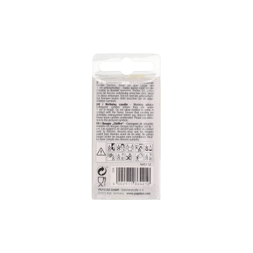 The back of the number candle Mini (6.8 cm) by PAPSTAR GmbH shows black text, warning symbols, a barcode, and a recycling symbol. The transparent plastic packaging contains multilingual information about this party and birthday decoration.