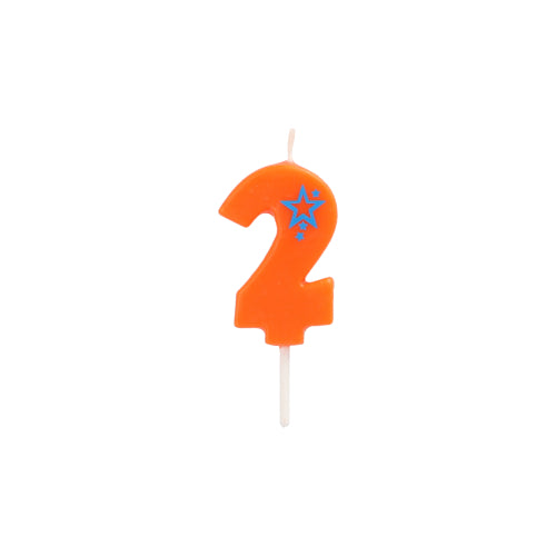 The number candle Mini 6.8 cm by PAPSTAR GmbH is an orange candle with the number 2, two blue stars at the top right, and a white stick – ideal for decorating your birthday cake against a plain white background.