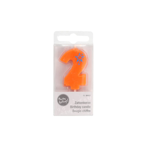 The number candle Mini 6.8 cm by PAPSTAR GmbH is an orange candle with the number 2 and blue stars, packaged in a clear sleeve with German, English, and French labeling – perfect for decorating any birthday cake.