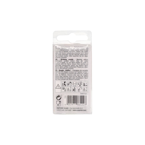 A small plastic packaging from the back with multilingual instructions, safety symbols, and a barcode. The white-transparent packaging with a hanging hole is for the PAPSTAR number candle Mini 6.8 cm by PAPSTAR GmbH – ideal for birthday cakes.