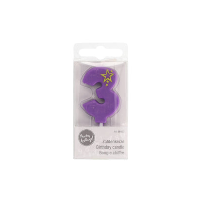 A purple packaged mini number candle (number 3, 6.8 cm) by PAPSTAR GmbH with yellow star decor – ideal for birthday cakes. The packaging contains German, English, and French text as well as a round label at the bottom.