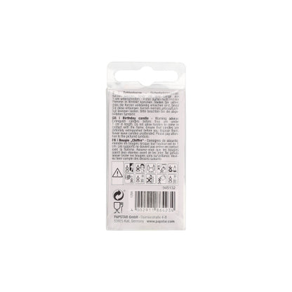The image shows the back of a PAPSTAR number candle Mini 6.8 cm by PAPSTAR GmbH with black notes, warnings, symbols, barcode, and recycling information on a white packaging with a hanging tab at the top edge.