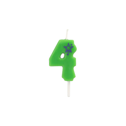 The PAPSTAR GmbH number candle Mini 6.8 cm is a green number 4 candle with two purple stars at the top right, ideal for decorating any birthday cake. Photographed against a plain white background.