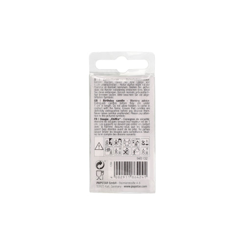 The image shows the back of a PAPSTAR number candle, Mini 6.8 cm packaging from PAPSTAR GmbH, with multilingual product information, instructions, warnings, safety symbols, and a barcode – ideal as a birthday cake decoration.