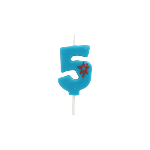 The PAPSTAR number candle Mini 6.8 cm from PAPSTAR GmbH is a blue candle with the number 5, two red stars, and a wick at the top, ideal for decorating birthday cakes, depicted on a plain white background.
