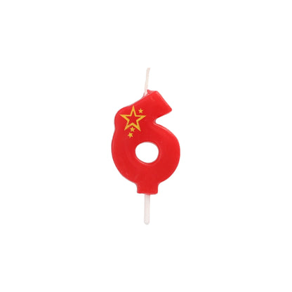 The PAPSTAR number candle Mini 6.8 cm from PAPSTAR GmbH is a red number six with two yellow stars and a small star motif, ideal for decorating any birthday cake. Depicted on a plain white background.