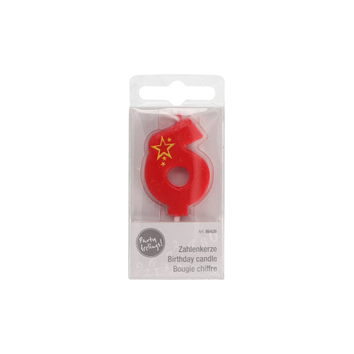 The number candle Mini (6.8 cm) from PAPSTAR GmbH is a red candle with the number six and yellow stars, ideal for decorating any birthday cake. It comes in a transparent plastic packaging with multilingual labeling.