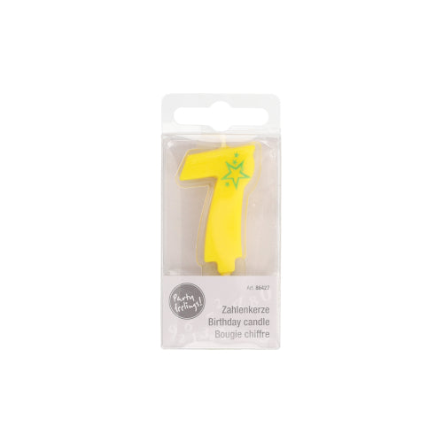 The PAPSTAR number candle Mini 6.8 cm from PAPSTAR GmbH is a yellow number 7 with a green star, ideal for decorating birthday cakes. It comes in a transparent plastic box with the multilingual inscription “Birthday Candle”.
