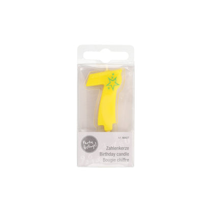 The PAPSTAR number candle Mini 6.8 cm from PAPSTAR GmbH is a yellow number 7 with a green star, ideal for decorating birthday cakes. It comes in a transparent plastic box with the multilingual inscription “Birthday Candle”.