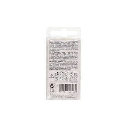 The back of the number candle Mini 6.8 cm from PAPSTAR GmbH is depicted and features black multilingual instructions, warnings, symbols, a barcode, a recycling symbol, and a hanging tab at the top.