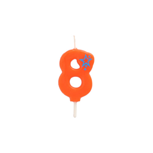 The mini number candle from PAPSTAR GmbH (6.8 cm) in orange is shaped like the number 8 and is adorned with a blue star at the top right. Thanks to the white wick and stem, it can be easily placed on the cake, making it perfect for any birthday decoration.