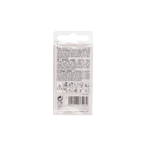The image shows the back of a transparent plastic packaging for a number candle Mini 6.8 cm from PAPSTAR GmbH with a white label displaying text, safety symbols, barcode, and recycling information – ideal for birthday decoration. The small text is mostly illegible.