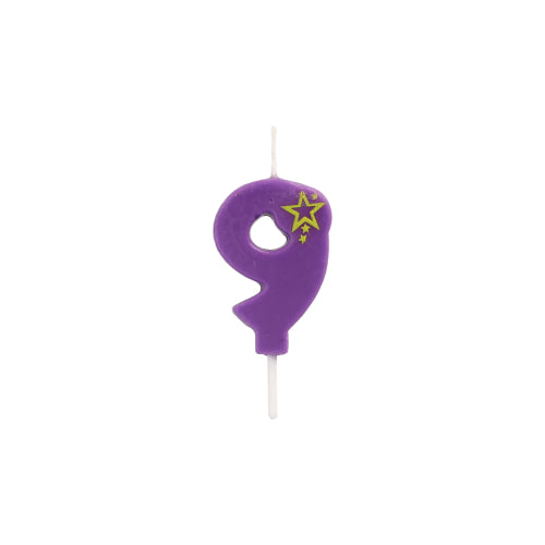 The number candle Mini 6.8 cm from PAPSTAR GmbH is a purple candle with the number nine, two yellow stars at the top right, and white wicks at both ends – ideal as a birthday decoration.