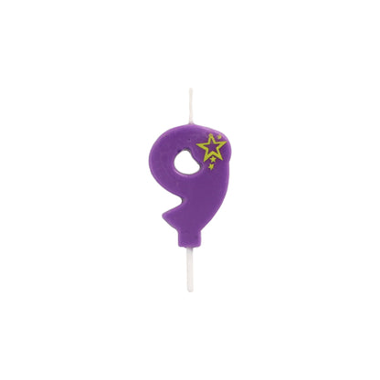 The number candle Mini 6.8 cm from PAPSTAR GmbH is a purple candle with the number nine, two yellow stars at the top right, and white wicks at both ends – ideal as a birthday decoration.