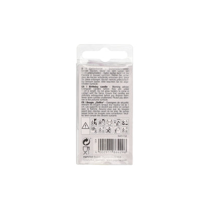 The image shows the back of a PAPSTAR number candle Mini 6.8 cm packaging from PAPSTAR GmbH. The predominantly white packaging is equipped with instructions, safety warnings, symbols, barcode, and black print - ideal for birthday decoration.