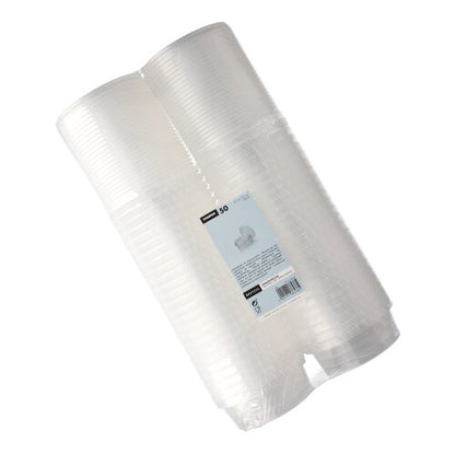 A stack of 50 Starpak deli cups, round transparent disposable cups made of PP with original seal, is delivered in a plastic package with a white-blue label containing product details.