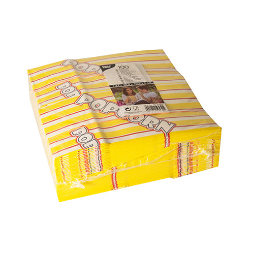 A stack of popcorn bags by PAPSTAR GmbH, greaseproof parchment substitute, yellow and white striped with red "Popcorn" lettering, is delivered in a plastic package labeled "100 bags per package."